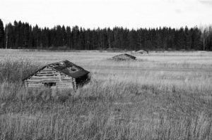 Mustavalkoinen kuva vanhoista ladoista suomalaisessa peltomaisemassa