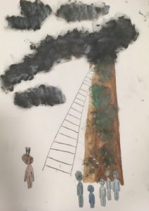 Maalaus savua tupruttavasta tehtaanpiipusta ja hahmoista sen juurella