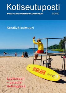 Kotiseutupostin 2/2020 kansikuva on rannalta Lauttasaaresta tekstillä Lauttasaari -paratiisi Helsingissä