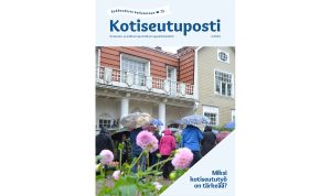 Kotiseutupostin juhlanumeron 2/2024 kansi. Kannessa on joukko ihmisiä seuraamassa opastusta, Håkanbölen kartano, Vantaa.