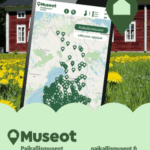 Punainen puinen museorakennus ja edessä kännykän näyttö, jossa näkyy kartalla Suomen paikallismuseot.