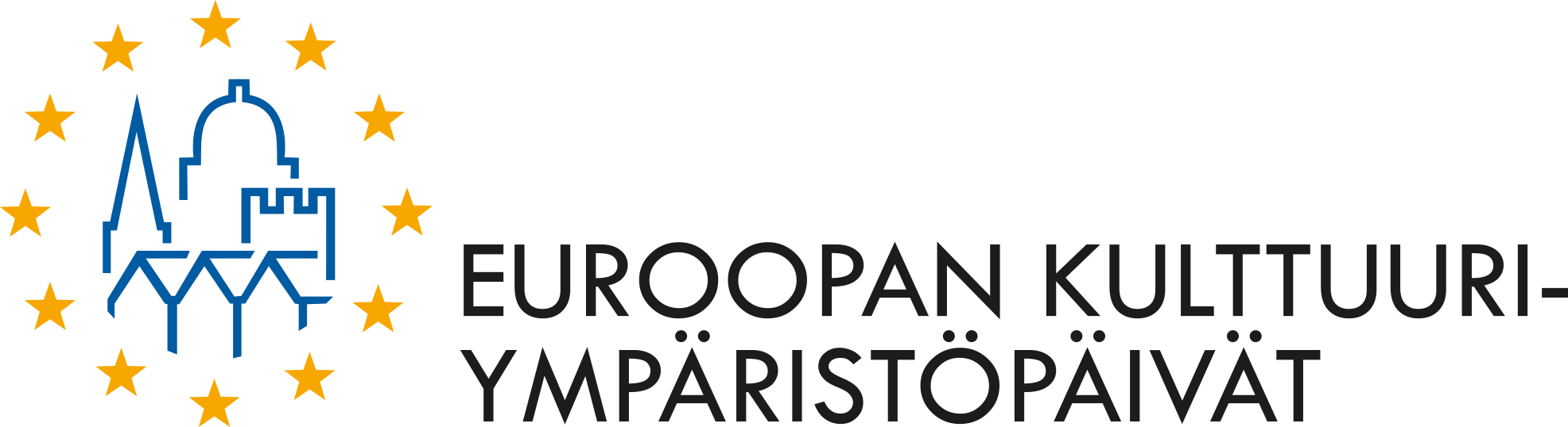Euroopan kulttuuriympäristöpäivien logo, jossa on rakennuksia ja tähtiä ympärillä